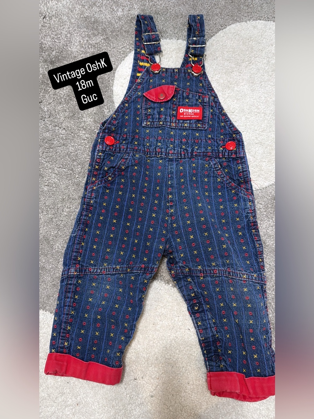 VINTAGE OshKosh B'gosh Denim Patterned Overalls - Navy with Red Accents
